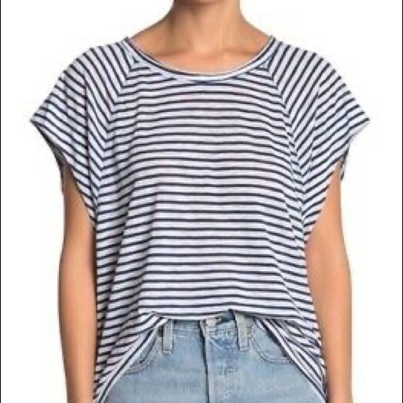 Free People We the Free Halo Cap Sleeve T-Shirt Navy White Stripe S - Picture 2 of 5